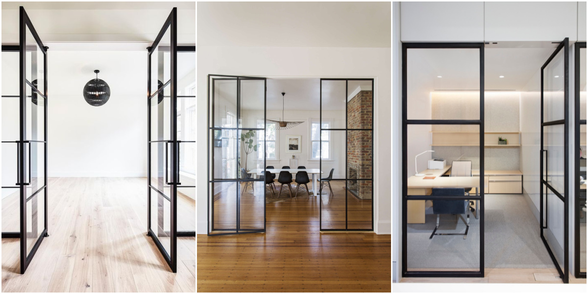 collage of 3 images of glass and steel doors