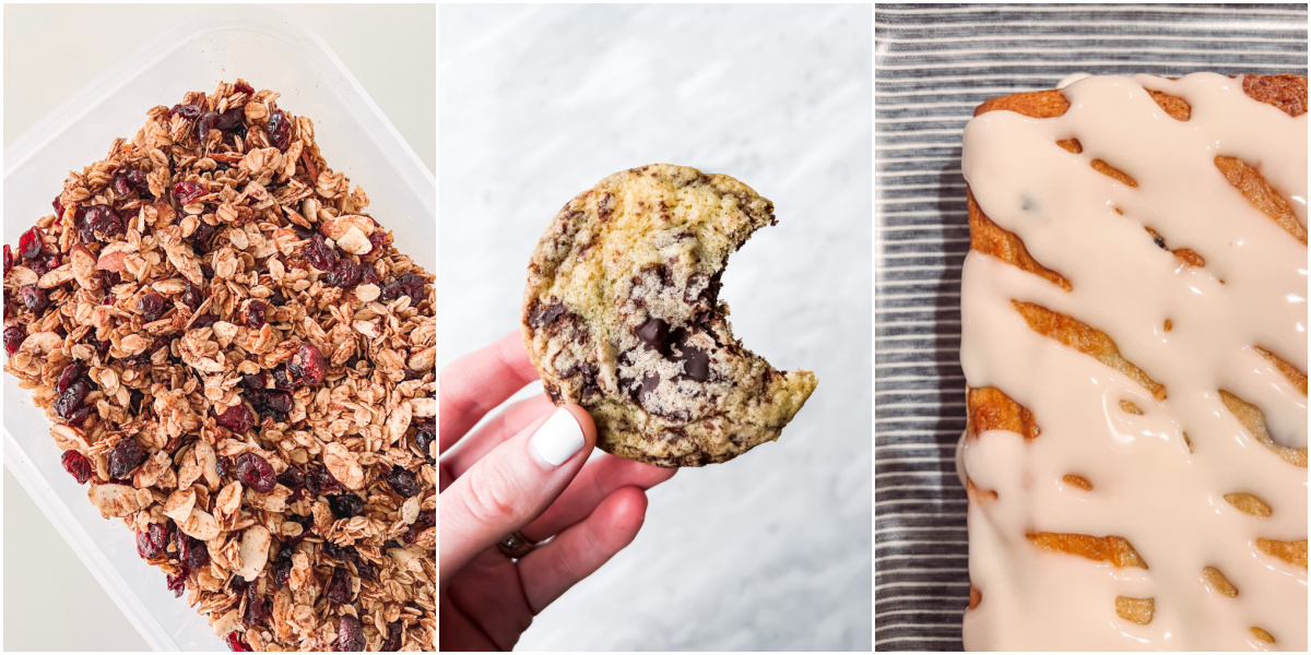 collage of 3 images of granola, cookie, and loaf cake