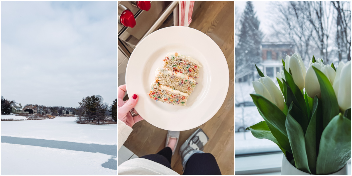 collage of 3 images of lake in the winter, slice of cake on a plate, and white tulips