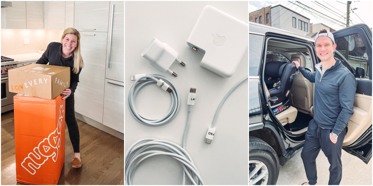 collage of 3 images of hilari, apple chargers, and grant with car seat